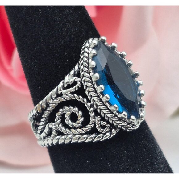 Silver Tone Filigree Style Cocktail Fashion Ring Blue Marquise Center Size 7 - Picture 7 of 8